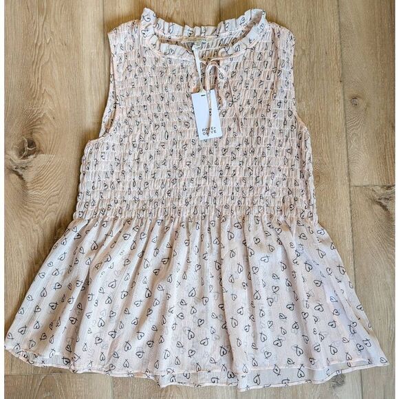 Rose & Olive Tops - Rose & Olive Smocked Peplum Top XL Pink Hearts Gold Thread Sheer NWT Coquette